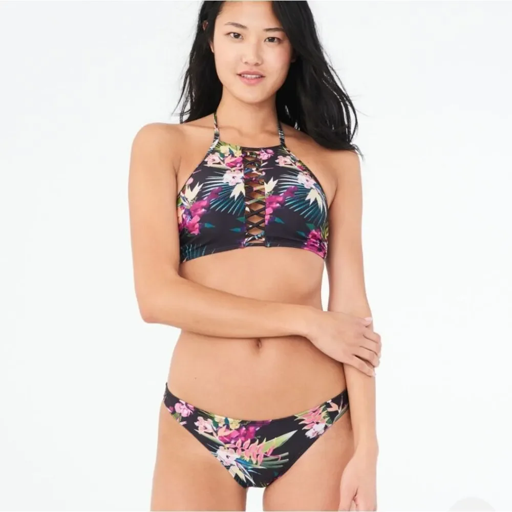 Aeropostale LLD 90B Tropical Floral Bikini Black Floral Bottom Top M Bottom L